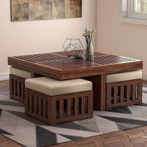 Wooden Coffee Table with Nested Stools